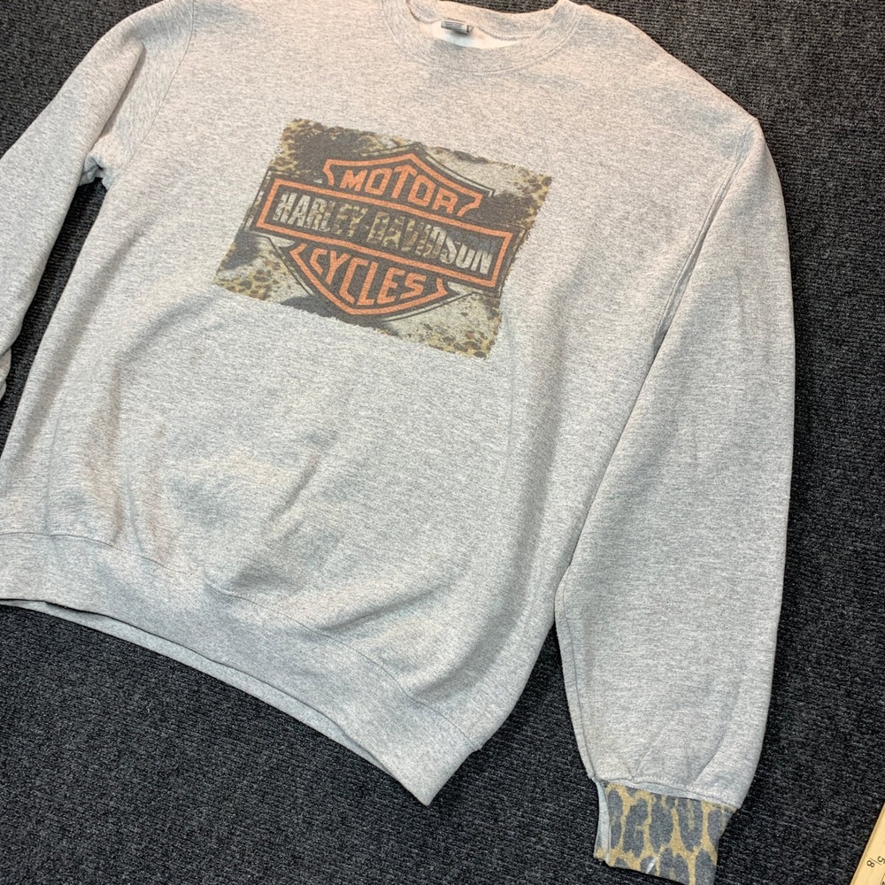 Harley Davidson VTG Sweatshirt Womens M Grey Leopard Biker Grunge Top Indie Moto
